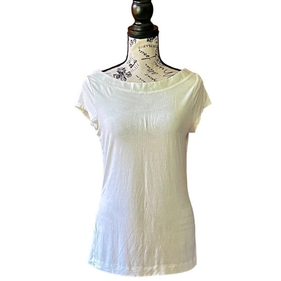 BCBGeneration Ivory White Boatneck Rayon Satin Trim Top Button Back Semi Sheer L - Picture 1 of 10